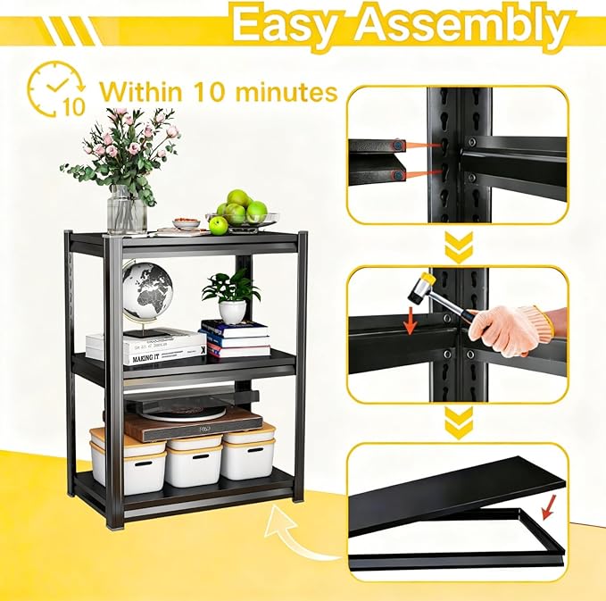 Kitchen Storage Shelves, 31''H*35''W Microwave Stand, Adjustable Metal Shelving, 1200LBS Bakers Rack, Black Kitchen Shelf, 3-Tier Shelving Unit for Bathroom, Pantry, Laundry, Closet, Garage