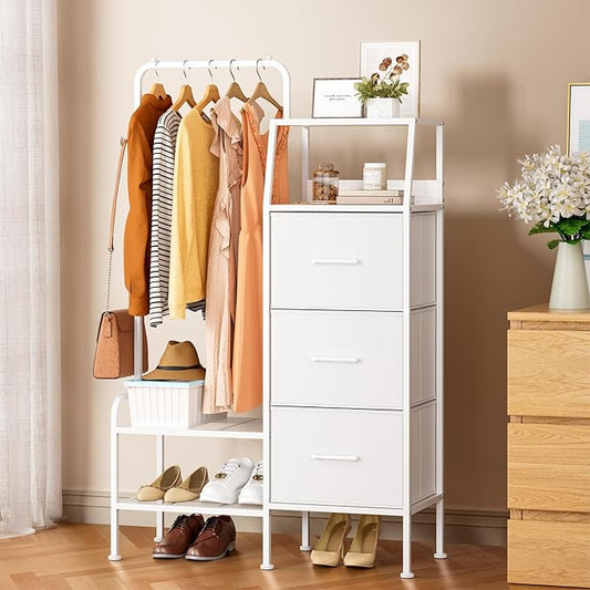 SWTYMIKI Dresser with Hanging Rack - 3 Fabric Drawers Kids Dresser for Bedroom - Reversible Tall Storage Tower, Small Space Clothes Storage Organizer Cabinet for Apartment, Dorm 49.21''H, White
