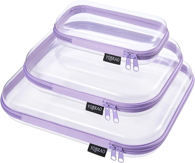 3 Pack Hard Sided Clear Zipper Case for Storage- Thickened-Grade Clear Hard Shell Zipper Case for Organizing Bead, Handicrafts, Sewing, Playdo (Purple, LMS)