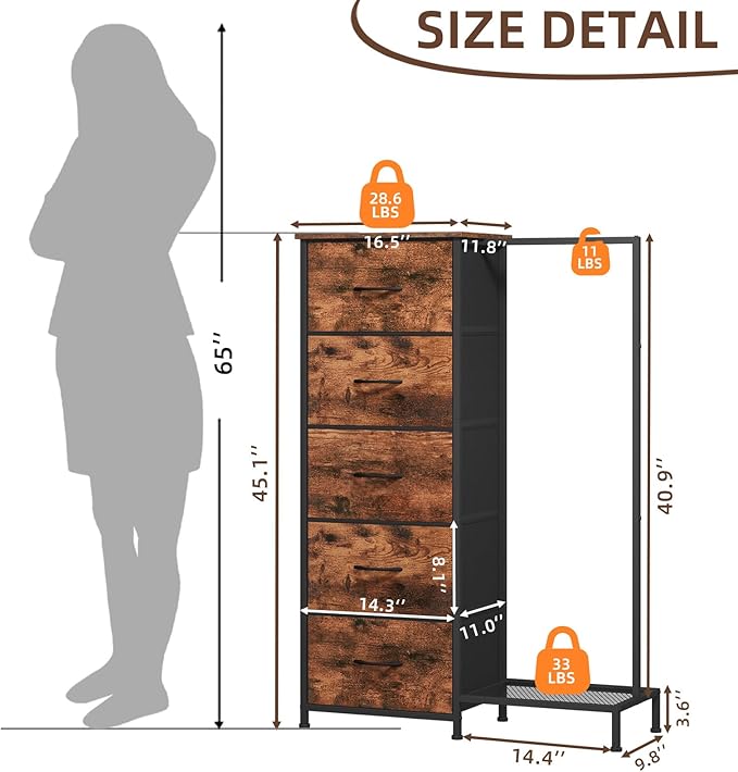 Somdot Dresser with Hanging Rack, 5 Drawers Small Closet for Bedroom, Reversible Dresser with Clothes Rack, Kids Dressers for Bedroom Chest of Drawers, Tall Storage Tower, Wood Grain Print