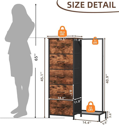 Somdot Dresser with Hanging Rack, 5 Drawers Small Closet for Bedroom, Reversible Dresser with Clothes Rack, Kids Dressers for Bedroom Chest of Drawers, Tall Storage Tower, Wood Grain Print