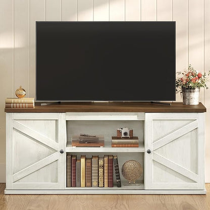 VASAGLE Farmhouse TV Stand for TVs up to 65 Inches, Entertainment Center with Storage Cabinets and Sliding Barn Doors, Media Console Table for Living Room, Rustic White and Honey Brown ULTV535W01