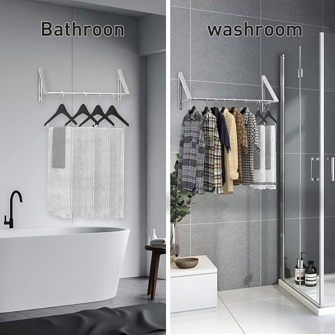 Laundry Room Drying Rack Wall Mounted Clothes Hanger Folding Wall Coat Racks Aluminum Home Storage Organiser Space Savers Silver 2 Rakcs with Rod