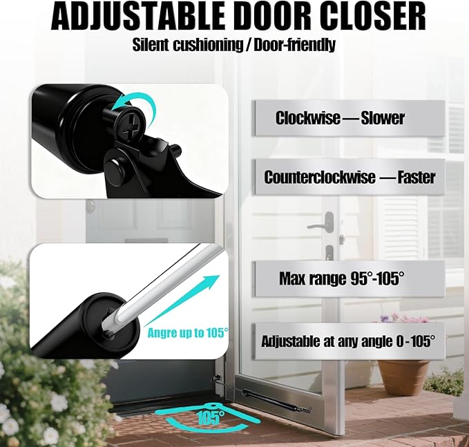 Storm Door Closer&Screen Door Closer Kit, Equipped with Press & Stay Function, Supports Adjustable Speed and Gentle Quiet Closing Action - for Medium & Lightweight Storm Doors