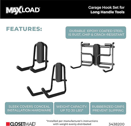 ClosetMaid MaxLoad 3-Pack Garage Hooks & Hangers Wall Mount Heavy Duty Storage for Long Handle Tools, Cords, Hoses, Shovels, Rakes, Brooms, Black