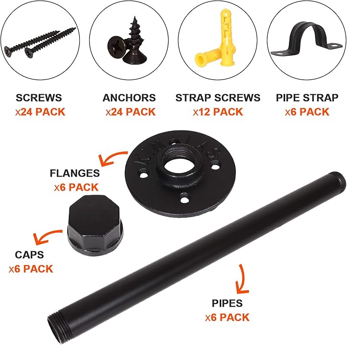 6 Pack Industrial Pipe Shelf Brackets 12 Inches Iron Pipe Floating Shelf Bracket 12 Inch Black Heavy Duty Wrought Metal Shelfs Bracket Wall Shelves Brackets for Garment Rack Vintage Furniture