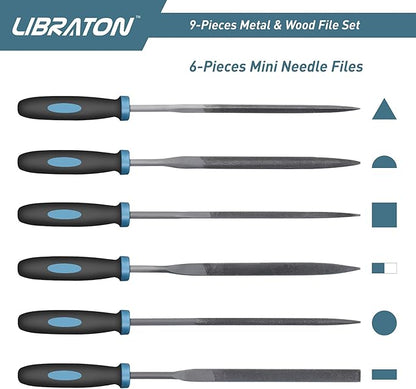 LIBRATON Metal Files - 9pc Set, Needle, Flat, Round, Half-Round Files for Metal & Woodworking