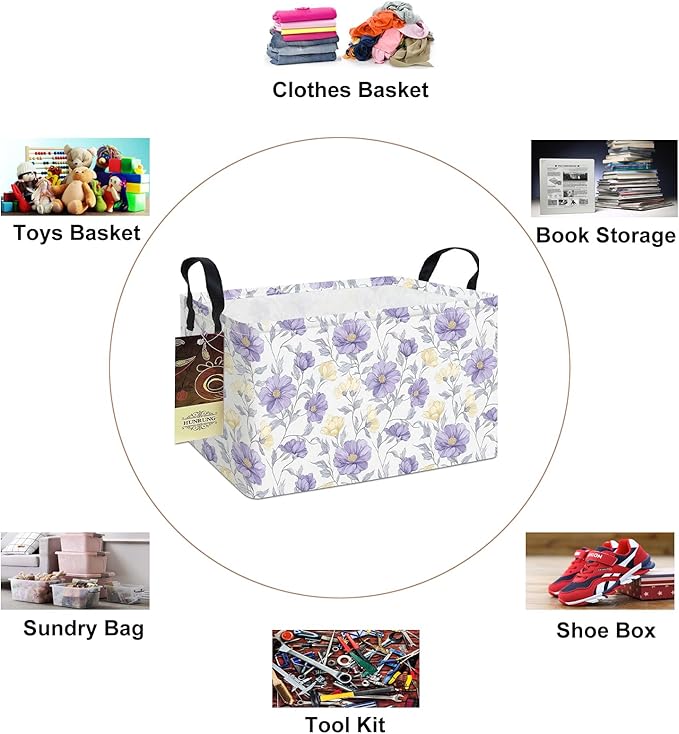HUNRUNG Rectangle Storage Basket Cute Canvas Organizer Bin for Pet/Children Toys, Books, Clothes Perfect for Rooms(REC-Purple Flowers)