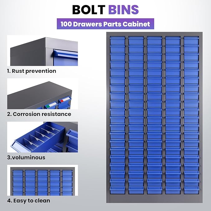 Heavy-Duty 100 Drawer Parts Cabinet, All-in-One Organizer with Acrylic Adjustable Shelves for Nuts, Bolts, Tools - The Ultimate Garage Workshop Storage Solution