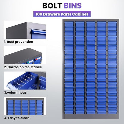 Heavy-Duty 100 Drawer Parts Cabinet, All-in-One Organizer with Acrylic Adjustable Shelves for Nuts, Bolts, Tools - The Ultimate Garage Workshop Storage Solution