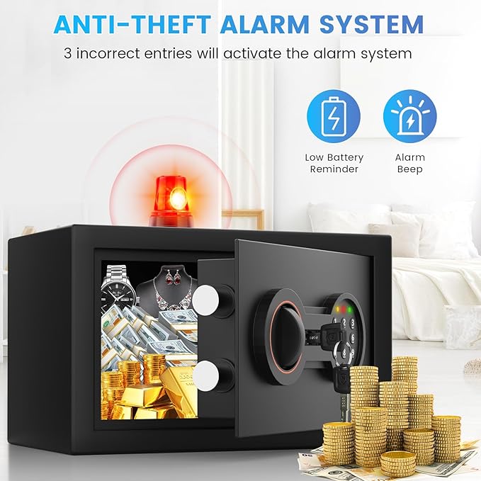 Small Safe Box, 0.3 Cuft Home Safe with Fireproof Waterproof Bag for College Dorm Room, Digital Money Box with Electronic Keypad, Spare Keys and Alarm System, Hidden Safes for Cash, Jewelry, Medicine