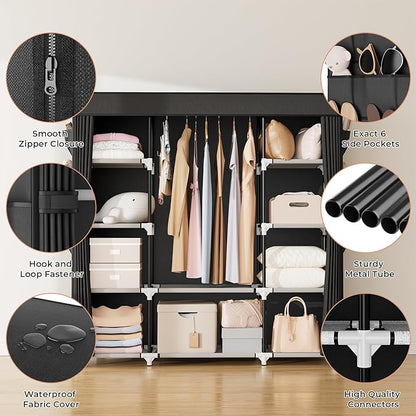 VTRIN Portable Closet Wardrobe for Hanging Clothes 57.3 Inch Large Capacity Clothes Rack with Cover, 10 Storage Organizer Shelves, 1 Hanging Rods and 6 Pockets, Free Standing Closet for Bedroom, Black