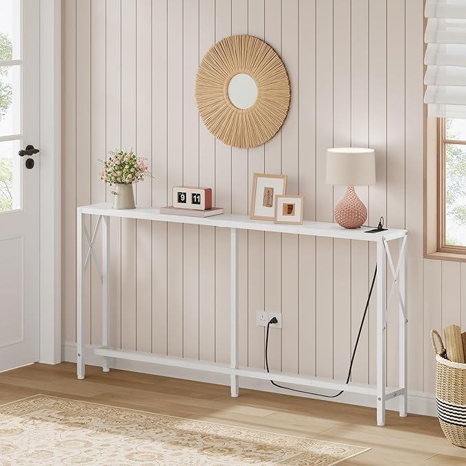 Console Table with Oulets and USB Ports, 55.1" Sofa Table Behind Couch, Industrial Long Skinny Stand for Hallway, Living Room, Bedroom, 6.5 Feet Power Cord, White