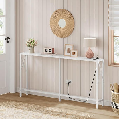 Console Table with Oulets and USB Ports, 55.1" Sofa Table Behind Couch, Industrial Long Skinny Stand for Hallway, Living Room, Bedroom, 6.5 Feet Power Cord, White