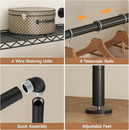 P3 Industrial Pipe Closet System, Wall Mounted Garment Racks with 4 Telescopic Rods & 6 Mesh Shelves, Heavy Duty Clothing Clothes Rack for Walk-in Closets (Black)