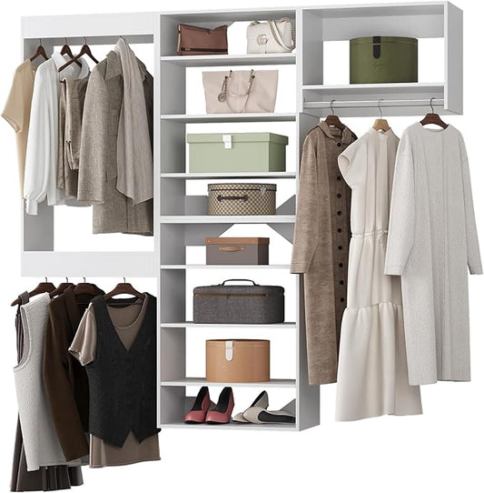 Modular Closet Organizer, 72" Wide Tower System with Hanging, Wall Mounted Wardrobe Organizer Kit, White