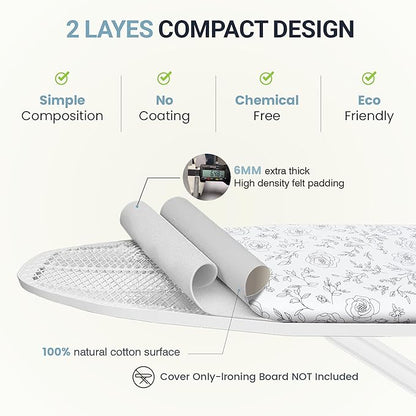 Ironing Board Cover and Pad 15"x54" Extra Thick Natural Cotton, Scorch and Stain Resistant Padding, Standard Size Iron Board Cover with Fasteners Heavy Duty Elastic Edge, Heatproof Rose