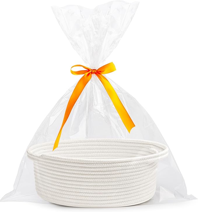 Pro Goleem Small Woven Easter Basket with Gift Bags and Ribbons Durable Burr Baskets for Gifts Empty Small Rope Basket for Storage 12"X 8" X 5" Baby Toy Baskets with Handles, White