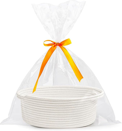 Pro Goleem Small Woven Easter Basket with Gift Bags and Ribbons Durable Burr Baskets for Gifts Empty Small Rope Basket for Storage 12"X 8" X 5" Baby Toy Baskets with Handles, White