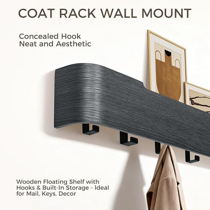 Wall Coat Rack Floating Shelves Modern Coat Rack Wall Mount with Storage Entryway Shelf Wooden Hanger 20 Inch 4 Hidden Metal Hooks for Living Room Bedroom (Black, 8 Hooks)