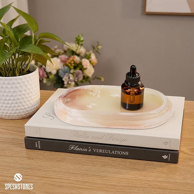 Marble Tray 9.75 Inch Handmade Cream Onyx Bathroom Tray for Countertop Décor - Decorative Trays for her, Perfume, Candle, Jewelry & Vanity Accessories
