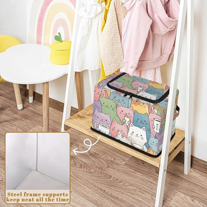 Cute Cat Storage Bins with Zipper Lid, Collapsible Fabric Storage Basket with Leather Handles Closet Shelf Cloth Organizer Basket for Nursery Bedroom Clothes Toy