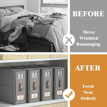 3 Pack Foldable Bed Sheets Set Organizers and Storage(King & Queen Size),Linen Fabric Closet Organizers with Window,Folding Bedding Storage Box for Bedsheets and Pillow Cube Organizer-Gray