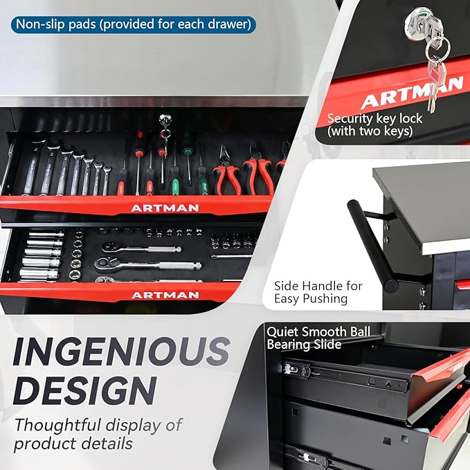 6-Drawer Rolling Tool Chest with Stainless Steel Countertop, Tool Chest with Secure Locking System, Mobile Storage Tool Cabinet with 360°Wheels and Padded Feet for Garage,Home (Black+Red)