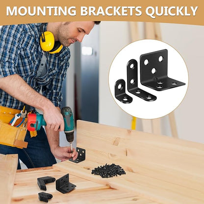 25Pcs L Brackets for Shelves, 3 Sizes Angle Corner Braces Metal L Bracket Heavy Duty for Wood, Sturdy and Rustproof for Repairing Furniture with 82Pcs Screws Mounting Bracket Easily Black