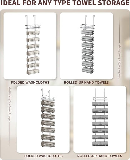 Hanging Towel Racks for Bathroom No Drill - Over The Door 8-Tier Bath Towel Storage Organizer for Small Bathrooms - Back Door Large Tiered Towel Holder Hanger for Rolled Towels RV Camper Silver