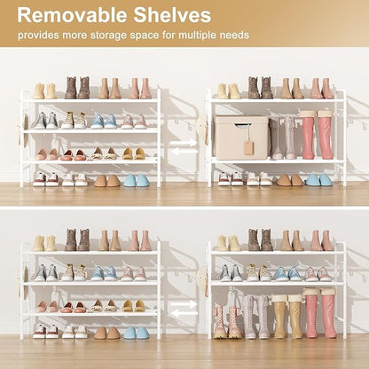 3 Tier Shoe Rack 33" Wide Metal Shoe Organizer Long Shoe Storage with 4 Side Hooks Sturdy Shoes Shelf for Front Door Entrance, Closet, Garage, Dorm, White