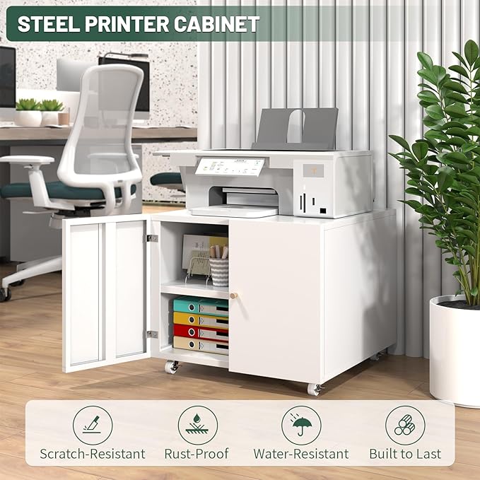 Printer Stand with Storage Cabinet with Wheels,3D Heavy Duty Metal Large Printer Table with Adjustable Shelf for Home Office, Mobile Printer Cart,White,17.7" H
