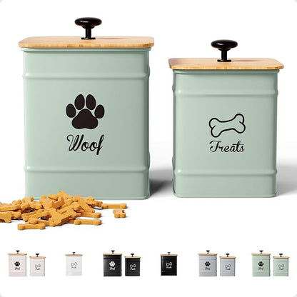 Dog Treat Container Airtight Set of 2 - 8x6 & 7x5 inch Iron Dog Treat Jars for Kitchen Counter with Airtight Bamboo Lids - 20 Cup Capacity Pet Treat Container Set - Doggie Cookie Jar - Treats Canister