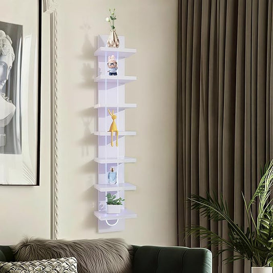 7 Tier Wall Shelf Unit with Light-Small Floating Shelves for Home Decor, Modern Unique Asymmetric Design for Bedroom & Living Room Storage