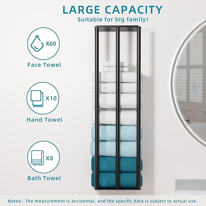 Towel Racks for Bathroom 31 Inch - Wall Mounted, Solid 2 Metal Shelves and 3 Vertical Bars, Can Holds 6 Large Rolled Bath Towels - for Modern Decor Bathroom Towel Storage (Matte Black)