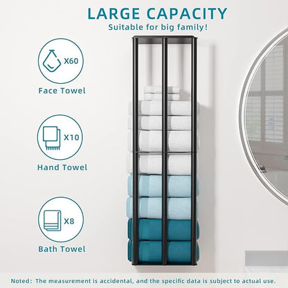 Towel Racks for Bathroom 31 Inch - Wall Mounted, Solid 2 Metal Shelves and 3 Vertical Bars, Can Holds 6 Large Rolled Bath Towels - for Modern Decor Bathroom Towel Storage (Matte Black)