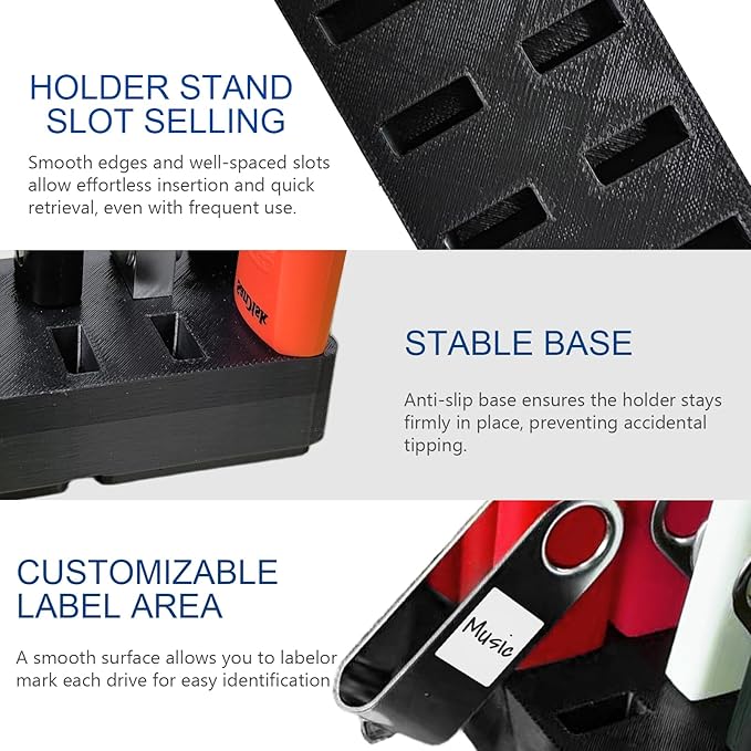 JBOS 10-Slot USB Flash Drive Holder Stand, Desktop Organizer Rack for Memory Sticks, Jump Drives & Electronic Accessories, Office Desk Storage, Black