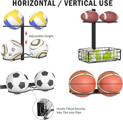 8 Tier Detachable Wall Mounted Basketball Rack,Vertical/Horizontal Football Holder,Holds 14 Balls DIY1/2/3/4 Soccer Stand,Height-Adjustable Ball Rack with Basket for Garage,Tool Room