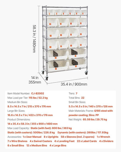 VEVOR 7-Tier Rolling Bin Storage Rack, 22 Organizer Bins, Bin Rack Storage Steel Wire Shelving System with Wheels, Mobile Tool Organizer for Garage, Warehouse, Office, Restaurant, Classroom, Kitchen