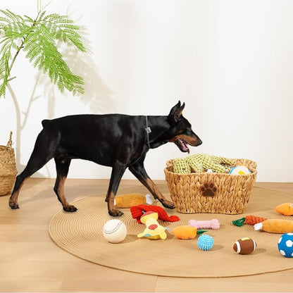 FairyHaus Dog Toy Basket Organizer with Dog Paw Decor, 1Pack Wicker Bone Shape Dog Toy Bin for Organizing, Natural Water Hyacinth Dog Toy Box for Pet Chew Toys Blanket Treats Storage