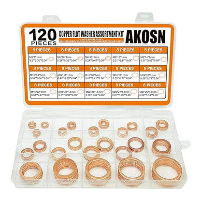 Copper Washers Assortment Kit, Crush Flat Washers for Oil Plugs, Drain Plugs, Banjo Bolts, Copper Sealing Washer Set with 15 Metric Sizes - 120 Pieces- M5, M6, M8, M10, M12, M14, M18, M20, M22, M24