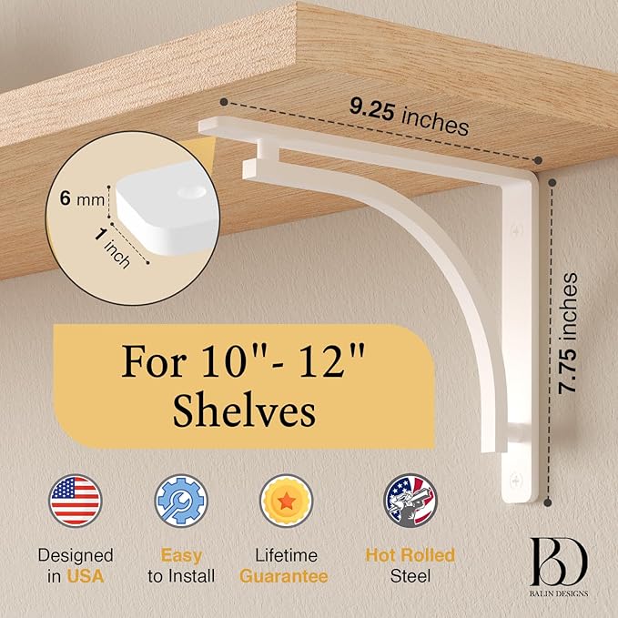 Classic White Heavy Duty Shelf Brackets 10 inch by Balin Designs – L Bracket, Wall Mounted Support, Shelving Metal Bracket, Decorative Shelf Brackets, with Hardware Included, Set of 4