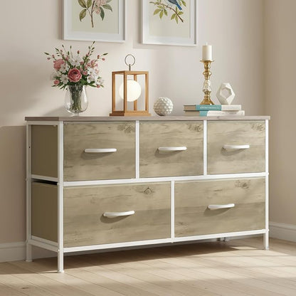 OLIXIS Dresser for Bedroom with 5 Drawers, Wide Chest of Drawers, Fabric Bedroom Dresser with Drawer Organizer, Storage Organizer Unit with Fabric Bins for Closet, Living Room, Hallway, Greige Oak