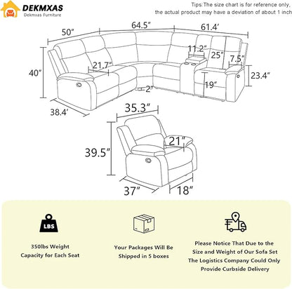 Reclining Sofa Couches with 4 Recliner Seats, 5 Pieces Living Room Furniture Sets, Dark Grey Corduroy Fabric Recliner Sectional Sofa Set with Drop-Down Table, Cup Holder,Storage Console