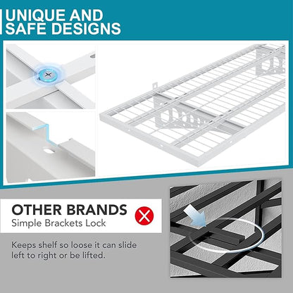 4-Pack 1.5×3.8ft(18×45.6 inch) Garage Wall Shelving, 1000 lbs Load Capacity, Garage Wall Mounted Shelves, Heavy Duty Shelf with Hooks, White