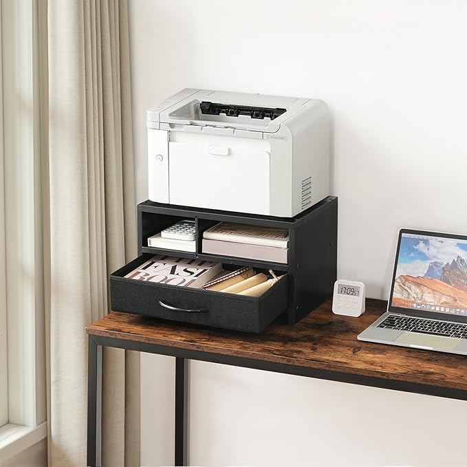 HOOBRO Desktop Printer Stand, Printer Stand Shelf Organizer with Drawer, Wooden Under Desk Printer Table, Storage Shelf, for Home Office Black BB08PS01