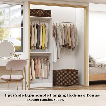 Closet System, 2FT Wood Closet Organizer System Small Walk-in Closet Freestanding Corner Closets Shelf Storage with 3 Hanging Rods, Modular Closet Systems White (2FT)