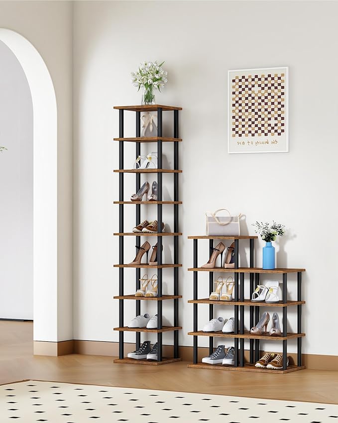 9-Tier Vertical Shoe Rack, DIY Corner Shoe Rack for Entryway, Narrow Shoe Shelf, Tall Storage Organizer, Saving Space, for Small Spaces, Entryway, Hallway, Rustic Brown and Black MXJ01BF