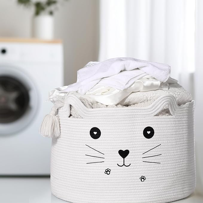 Zopeal Cat Basket Storage Woven Organizer with Ears Easter Decorative Gift Pet Toy Cute Cotton Rope Basket for Gift Cat Dog Toy Bin Nursery Room(21.7 x 13.8 Inch,White)