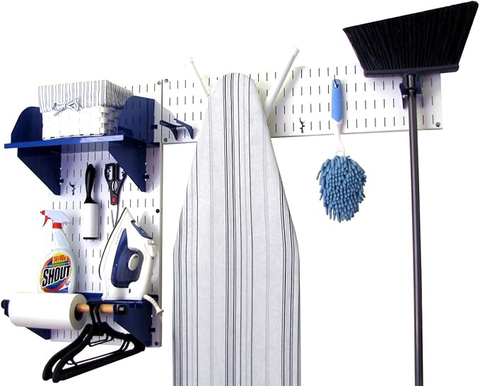 Wall Control Laundry Room Organizer Wall Mounted Laundry Room Storage and Organization Standard Kit White Wallboard and Blue Accessories